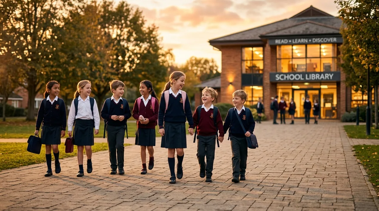 Mayflower School students walking towards the library during morning assembly