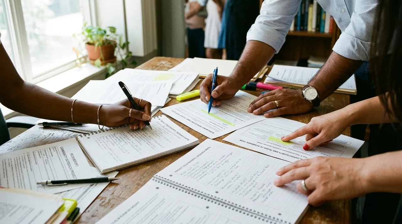 Close-up of volunteer committee evaluating scholarship applications and field reports